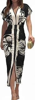 CHICME Summer Dresses for Women Floral Print Plunge V Neck Midi Dress Casual Ruched Slit Bodycon Party Dress