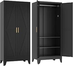 COFaR Metal Wardrobe Closet with Doors, Black Farmhouse Bedroom Armoires with Adjustable Hanging Rod and Shelves, 71'...