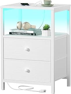 BOLUO White Nightstand with Charging Station, LED Night Stand with 2 Fabric Drawers, Bedside Table with USB Ports and...