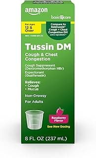 Amazon Basic Care Tussin Cough Plus Chest Congestion DM Syrup, Non-Drowsy Expectorant, Mucus Relief, Raspberry Flavor...