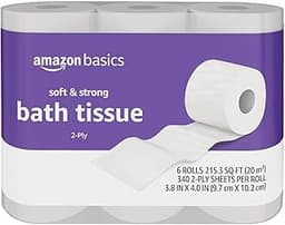 Amazon Basics Soft and Strong 2-Ply Toilet Paper, 6 Ultra Rolls = 24 Regular Rolls, Unscented, 340 Sheets per Roll, S...