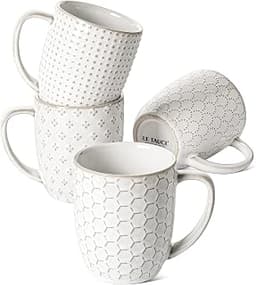 LE TAUCI Ceramic Coffee Mugs Set of 4, 12 oz, Embossed, Arctic White