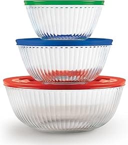Pyrex Sculpted (3-Pack) Glass Mixing Bowls Set With Plastic Lids For Prepping, Baking and Cooking, Preheated Oven, Di...