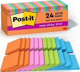 Post-it Super Sticky Notes, 3 x 3 in, Neon Fizz, 24 Pads, 70 Sheets/Pad