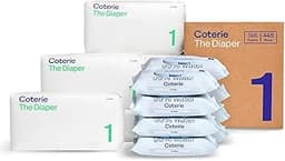 Coterie Baby Wipes + Diapers Kit, Size 1 Diapers (198 Count) & 8 Pack (448 Count) Baby Wipes with 99% Water, Plant Ba...