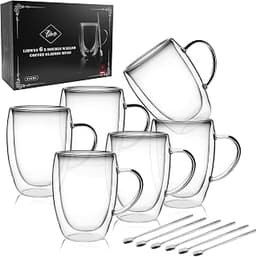 LIBWYS 6 Pack Double Walled Coffee Cups Glasses Mug 12oz Borosilicate Glass