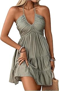 SOLY HUX Women's Summer Mini Dress Halter Backless Sleeveless A Line Ruffle Hem Flowy Cami Dresses Sundress