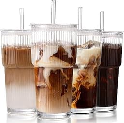 Iced Coffee Cups with Lids,Glass Cups with Lids and Straws,4 Coffee Tumbler