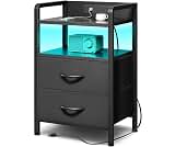 Lazzanto Nightstand with Rear Charging Station, LED Light, 2 Drawers, Black | Industrial Nightstand, 2 USB-A Ports & ...