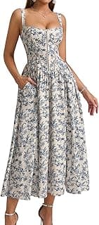 KUTUMAI Floral Corset Midi Dress Flowy Slit Summer Spring Wedding Guest Dresses for Women Sundress with Pockets