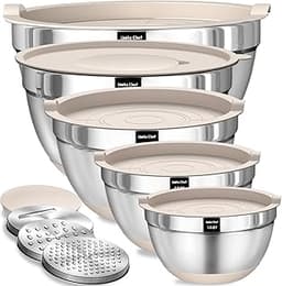 Umite Chef Mixing Bowls with Airtight Lids Set, 8PCS Stainless Steel Khaki Nesting Bowls with Grater Attachments, Kit...