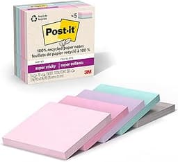 Post-it 100% Recycled Paper Super Sticky Notes, 3 in. x 3 in., 5 Pads, 70 Sheets per Pad, Wanderlust Pastels, New Yea...