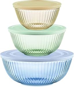 Pyrex Colors Tinted (3-Pack, Full Set) Sculpted Tinted Glass Mixing Bowls With Plastic Lids, Nesting Space Saving Set...