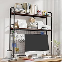 Desk Shelf, 2-Tier Desktop Hutch Bookshelf with Pegboard Hooks Set, Metal Table Top Bookcase for Computer, Freestandi...