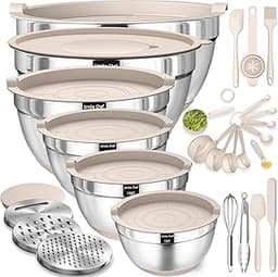 Mixing Bowls with Airtight Lids Set, 26PCS Stainless Steel Khaki Bowls with Grater Attachments, Non-Slip Bottoms & Ki...