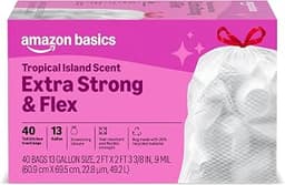 Amazon Basics Extra Strong & Flex Tall Kitchen Drawstring Trash Bags, Tropical Island Scent, 13 Gallon, 40 Count