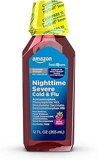 Amazon Basic Care Nighttime Severe Cold and Flu Syrup, Max Strength Liquid Medicine, Multi-Symptom Relief, for Adults...