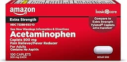 Amazon Basic Care Extra Strength Pain Relief, Acetaminophen Caplets, 500 mg, Pain Reliever/Fever Reducer, 100 Count