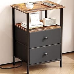 Nightstand with Charging Station, Bedside End Table with 2 Fabric Drawers for Bedroom, Side Table with USB Ports and ...