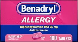 Benadryl Ultratabs Allergy Medicine, 25 mg Diphenhydramine HCl Antihistamine Tablets For Cold & Allergy Relief of Sym...