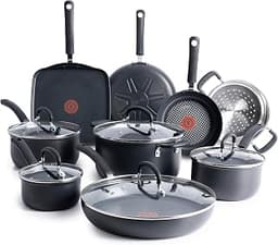 T-fal Ultimate Hard Anodized Nonstick Pots and Pans Set, 14-Piece, Onyx | Titanium nonstick coating, Thermo-Spot heat...