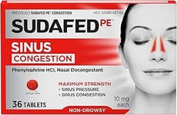 Sudafed PE Sinus Congestion Relief Tablets, Maximum Strength, Non-Drowsy 10 mg Phenylephrine HCI Decongestant for Sin...