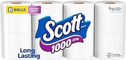 Scott 1000 Toilet Paper, 8 Rolls, Septic-Safe, 1-Ply Toilet Tissue