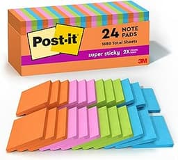 Post-it Super Sticky Notes, 24 Sticky Note Pads, 3 x 3 in., Ideal for Organization in Your Dorm, Home or Office, Ener...
