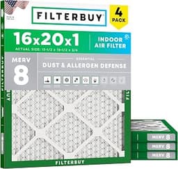 Filterbuy 16x20x1 Air Filter MERV 8 Dust & Allergy Defense (4-Pack)