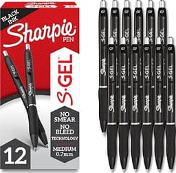 Sharpie S-Gel Gel Pens, Black Barrel, Medium Point (0.7mm), Black Gel Ink, 12 Count - Home, Office, School, Journalin...