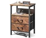 Lazzanto Night Stand with Charger Station for Bedroom, Brown Nightstand | Bedside Table, Open Shelf, 2 Fabric Drawers...