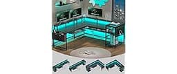 SEDETA L Shaped Gaming Desk, Reversible Computer Desk, Gaming Desk with Power Outlets & LED Strip, Monitor Shelf, Key...
