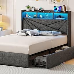 Queen Bed Frame with 4 Storage Drawers, Upholstered Bed Frame Queen Size with LED Lights Headboard and Charging Stati...