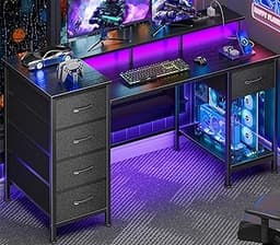 47 Inch Computer Desk with 5 Fabric Storage Drawers,Gaming Desk with Power Outlets & LED Lights,Reversible Home Offic...
