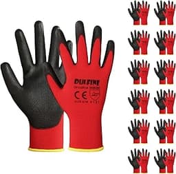 Safety Work Gloves PU Coated-12 Pairs,Red Seamless Knit Glove with Polyurethane Coated Smooth Grip on Palm & Fingers,...