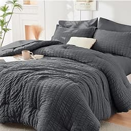 HYMOKEGE Queen Comforter Set Seersucker 7 Pieces, All Season Luxury Bed in a Bag for Bedroom, Bedding Set with Comfor...