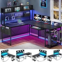 SEDETA L Shaped Gaming Desk, Reversible Computer Desk with Power Outlet and Pegboard, Gaming Desk with Led Lights, Ke...
