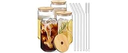 Drinking Glasses with Bamboo Lids and Glass Straw 4pcs Set - 16oz Glass Cups, Iced Coffee Glasses, Cute iced Tea Glas...