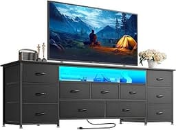Huuger Large TV Stand for 65, 70 Inch TV, 11 Drawer Long Dresser with Power Outlets and LED Lights, Entertainment Cen...