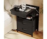 Lazzanto Nightstand with Lockable Hidden Compartment, 2 Drawers, Black | Sliding Top Storage, Charging Station, 2 AC ...