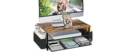 AUPSEN Wood Desk Organizers and Accessories, 2-Tier Computer Monitor Stand Riser with Drawer, Pen Storage & Phone Hol...