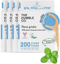 The Humble Co Dental Floss Picks for Teeth, 200 Count (Mint) - Double Thread Tooth Picks Flossers for Adults Gum Heal...