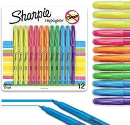 Sharpie Pocket Highlighters, Chisel Tip, Quick Dry, Assorted Fluorescent Colors, 12 Count - For Studying, Note-Taking...