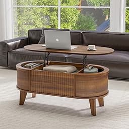 LYNCOHOME Fluted Lift Top Coffee Table with Hidden Compartment, Modern Oval Coffee Table for Living Room, Home Office...