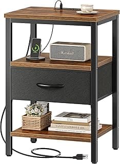SUPERJARE Nightstand with Charging Station, Bed Side Table with Adjustable Fabric Drawer, Night Stand for Bedroom, 3-...