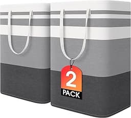 HomeHacks 2 Pack Large Laundry Baskets, Waterproof, Freestanding Laundry Hampers, Collapsible Clothes Hamper with Rei...