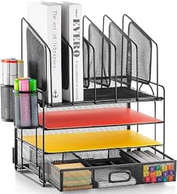 Marbrasse Desk organizer with Drawer, 4-Tier Mesh File Organizer with 5 Vertical File Holders and 2 Pen Holders, Mult...