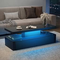 Modern LED Coffee Table, 40 Inches, 16 Colors LED Lights, 2 Tier Rectangular Center Table, Large Storage Space, High ...