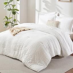 CozyLux Queen Comforter Set, 7 Pieces White Seersucker Bed in a Bag