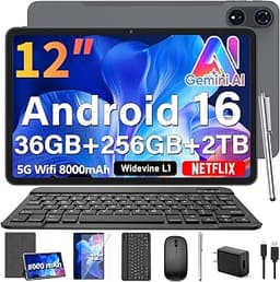 12 Inch Tablet with Keyboard - Android 16 Tablet, 36GB+256GB+2TB, Gemini AI